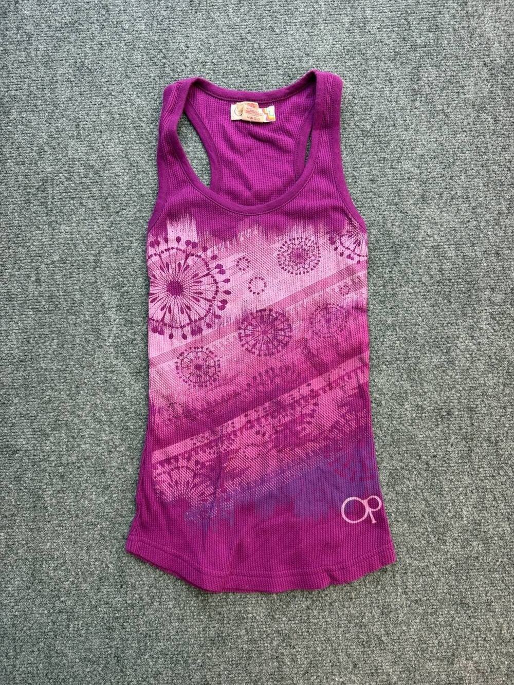 OP Ocean Pacific Women's S 3/5 Purple Y2K Floral Graphic Racerback Tank Top